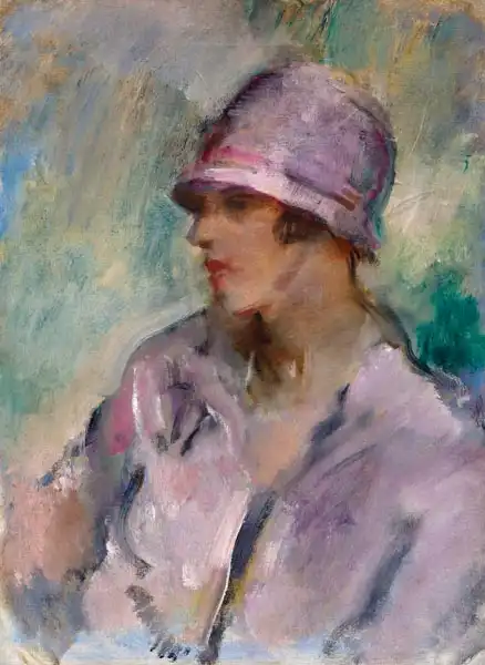 McEvoy, Ambrose: Portrait of a lady bust length in a pink hat
