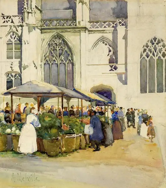 Melville, Arthur: A Street Market by a Church  