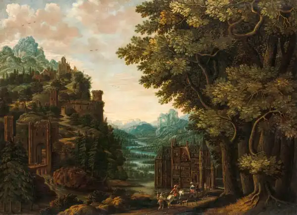 Meerhout, Jan: Mountainous Landscape with River Valley and Castles