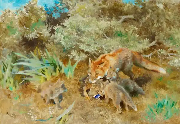 Liljefors, Bruno: Fox family with mallard