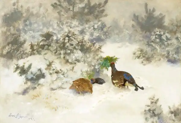 Liljefors, Bruno: Winter landscape with Black grouse and Grey hen