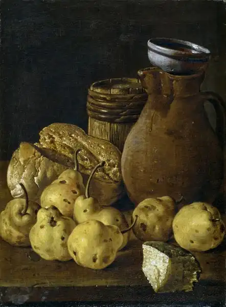 Meléndez, Luis: Still life bread, pears, cheese and bowls