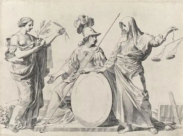 Mellan, Claude: Peace, Minerva and Justitia in the arms of Gallard and Mesmes