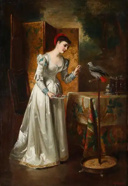 Barnes, Edward Charles: Woman with African grey parrot
