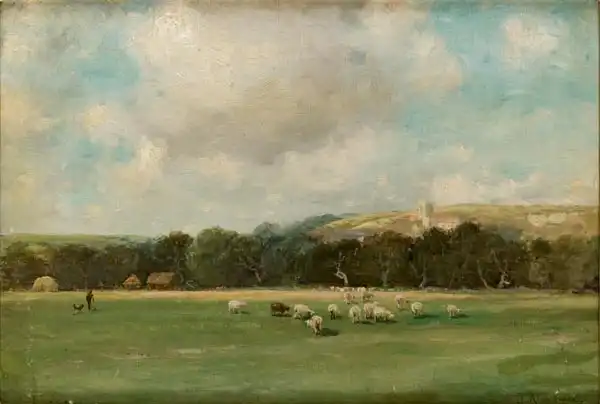 Aumonier, James: Landscape with a flock of sheep