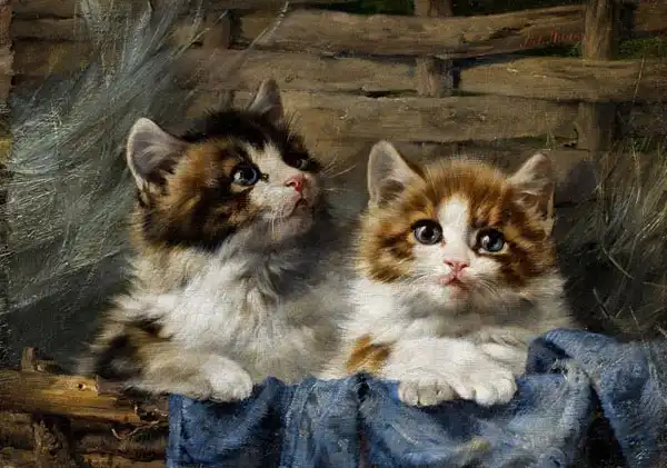 Adam, Julius: Two kittens in basket with blue blanket
