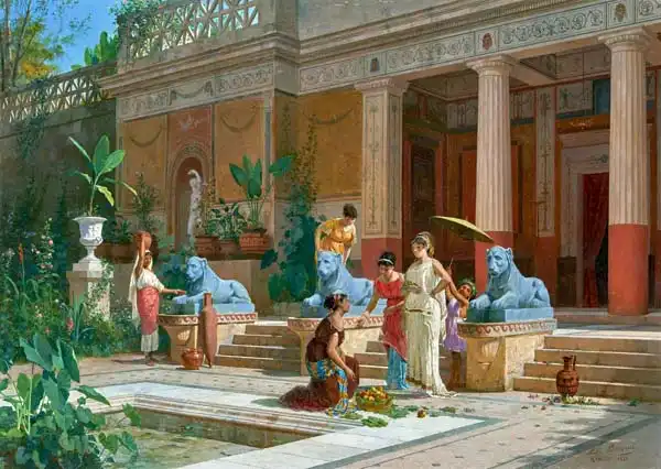 Bazzani, Luigi: Fruit seller in the courtyard of a Pompeian Villa