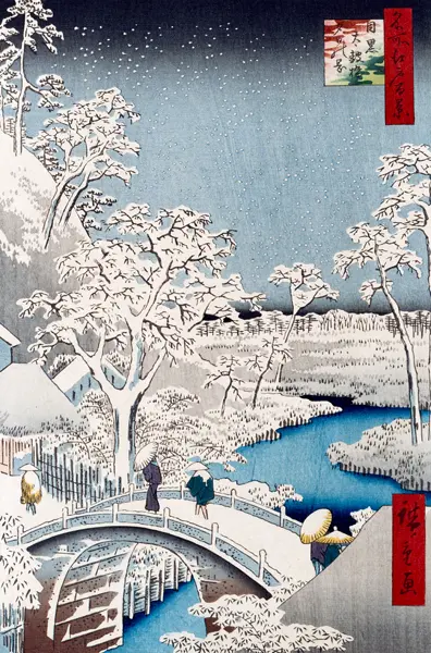 Hiroshige, Ando or Utagawa: Puente del Tambor y Colina del Sol Poniente en Meguro, de la serie "100 Vistas de Edo", pub. por Uoya Eikichi, 1857.