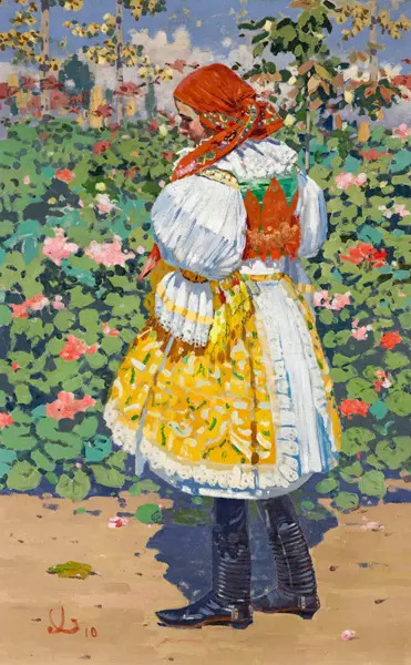 Uprka, Joza: Fille en robe traditionnelle dans un jardin