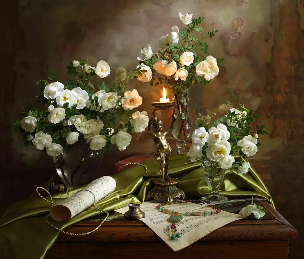 Morozov, Andrey: Stillleben mit Rosen und Kerze