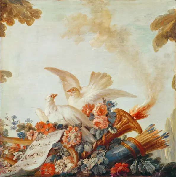 Boucher, Francois: Salon of the Print-maker Gilles Demarteau, above the door: doves and sheet music, c.1750-65