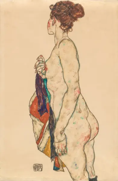 Schiele, Egon: Donna nuda in piedi con una veste fantasia 1917