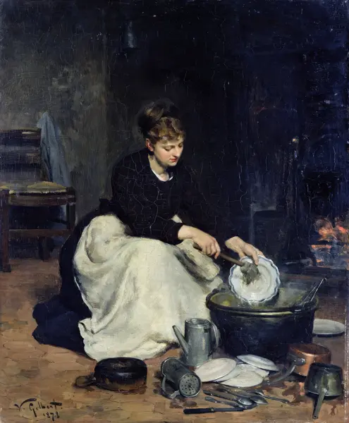 Gilbert, Victor Gabriel: Woman sitting at a table warming her hands after opening oysters