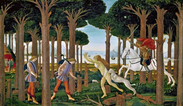 Botticelli, Sandro: Nastagio Vision of the Ghostly Pursuit in the Forest: Scene I of The Story of Nastagio degli Onesti