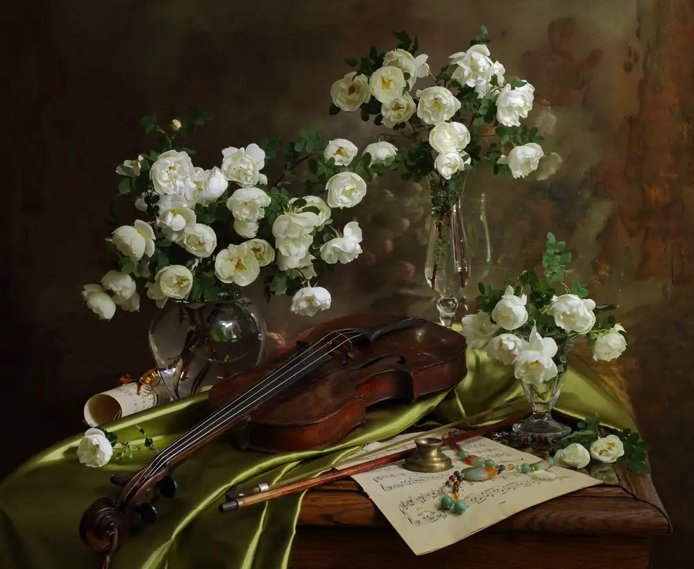 Morozov, Andrey: Stillleben mit Geige und Blumen
