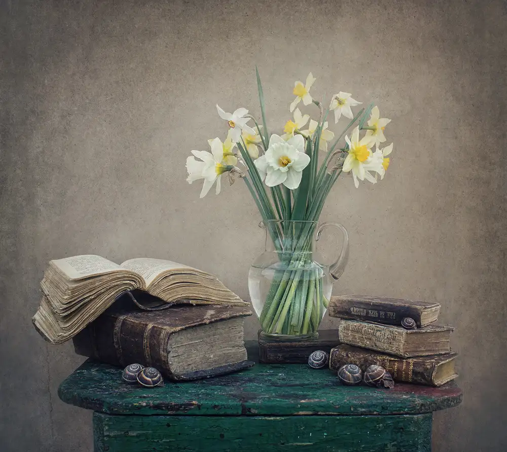 Dim, - Dimitar: Still life with daffodils, old books and snails