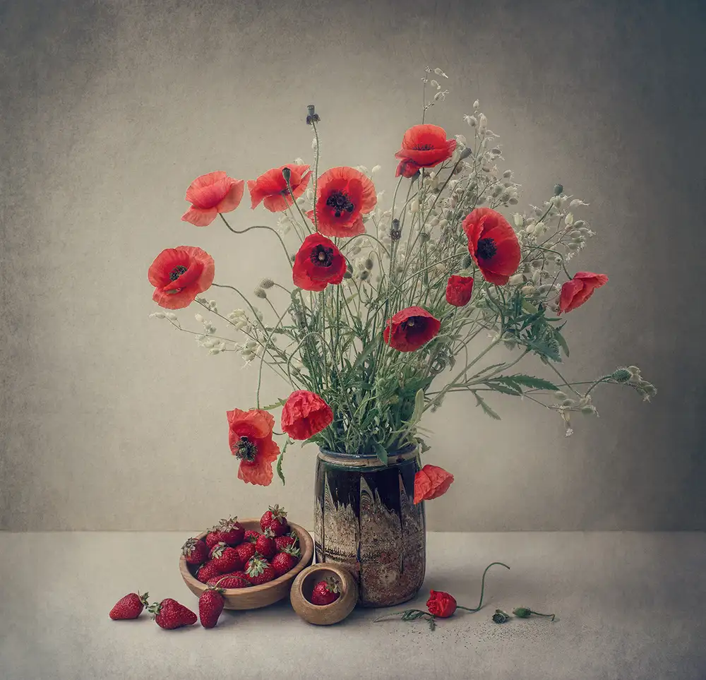 Dim, - Dimitar: Still life with a strawberry and poppies