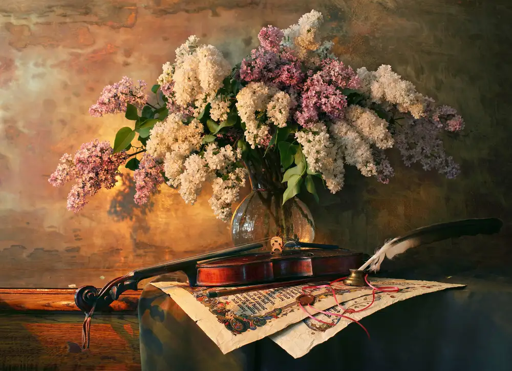 Morozov, Andrey: Still life with violin and lilac flowers