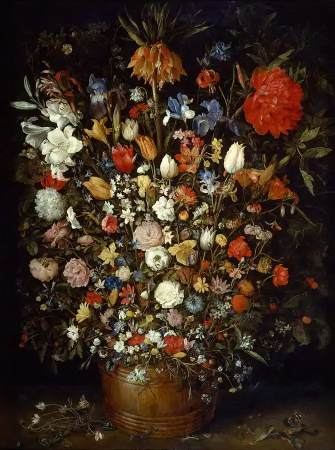 Brueghel, Jan, the elder: Flowers in a wooden vase