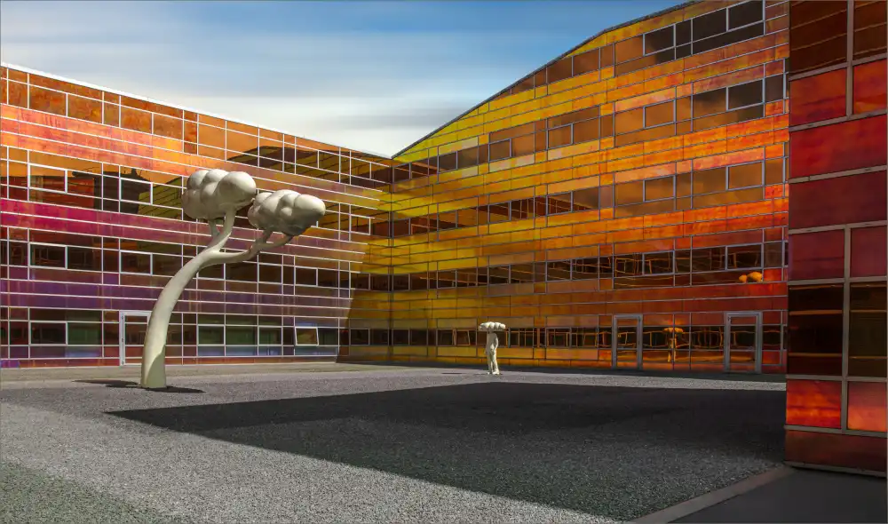 Claes, Gilbert: mehrfarbiges Spiegelgebäude