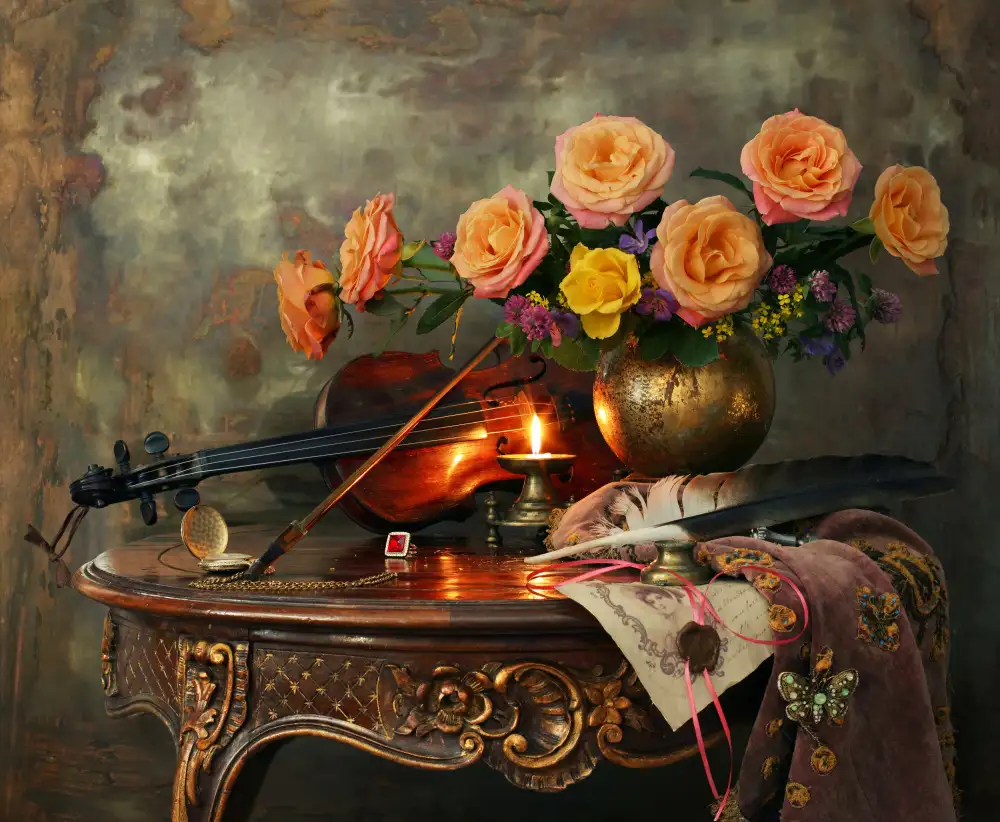 Morozov, Andrey: Natura morta con violino e fiori