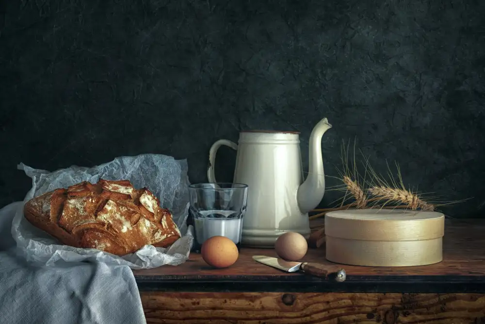 Marcel, Christian: Stillleben mit Eiern,Milch und Brot