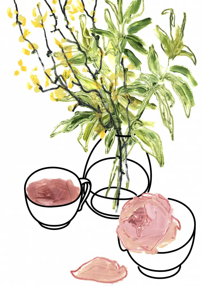 Blursbyai, Laiz Rosana: Vase,Teetasse und Rose