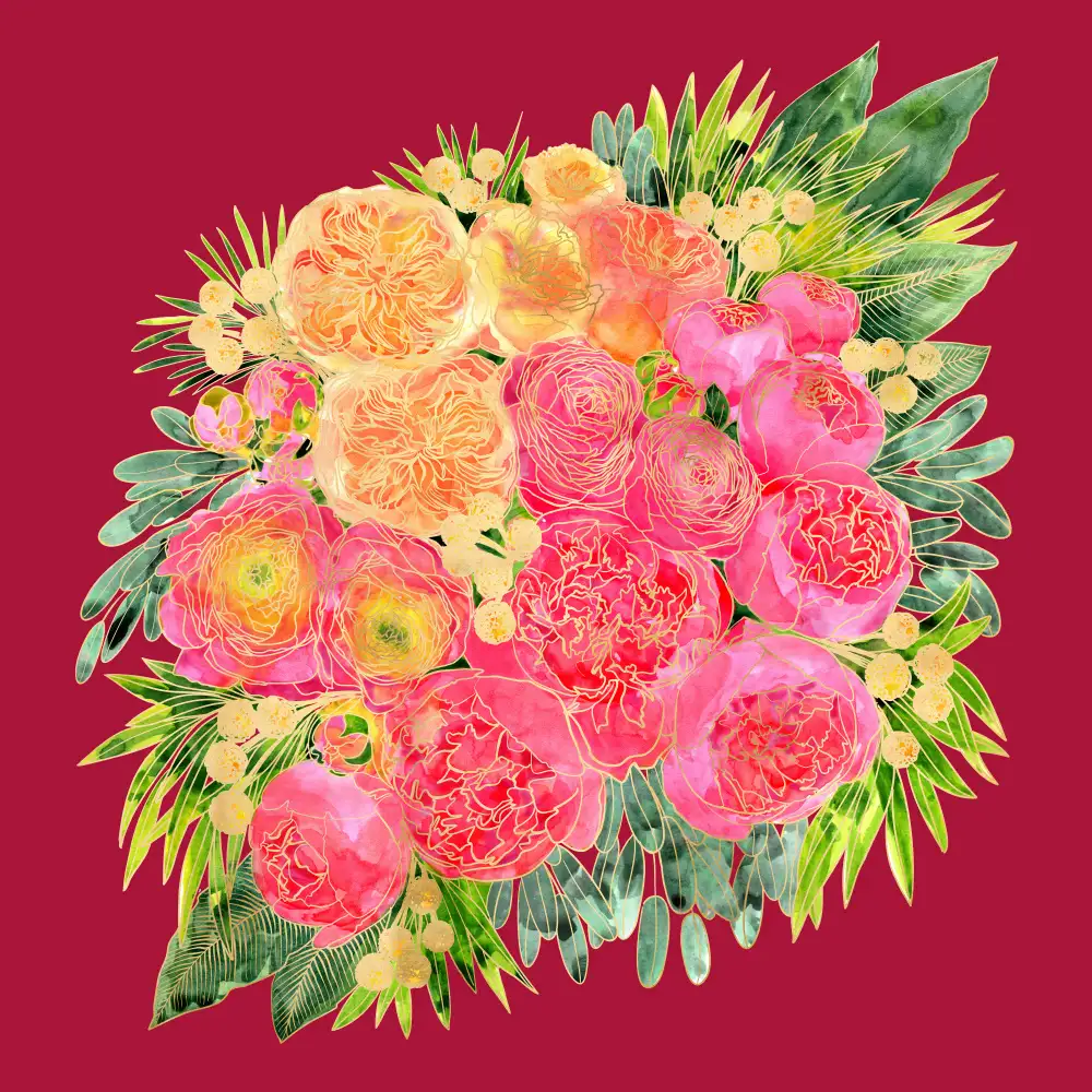 Blursbyai, Laiz Rosana: Rekha-Blumenstrauß in Aquarell und Rot