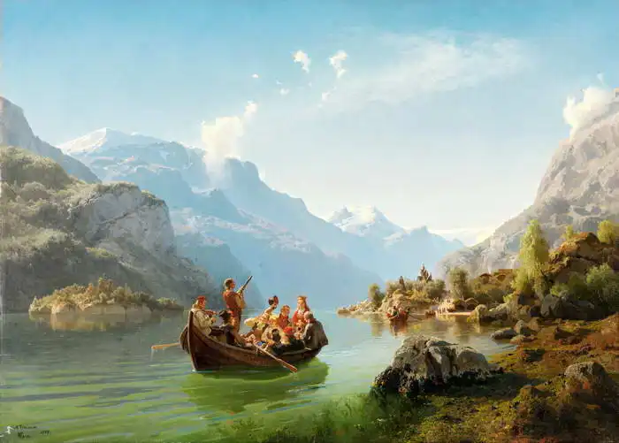 Tidemand, Adolph: Wedding guests in Hardangerfjord