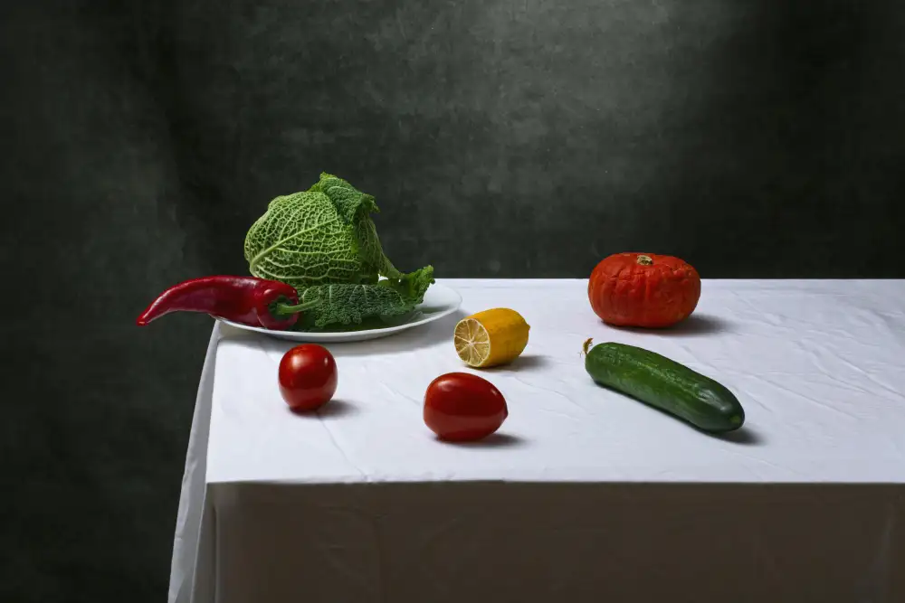 Barkow, Brig: Still life with Savoy cabbage, tomatoes, cucumber, red pepper, lemon and pumpkin