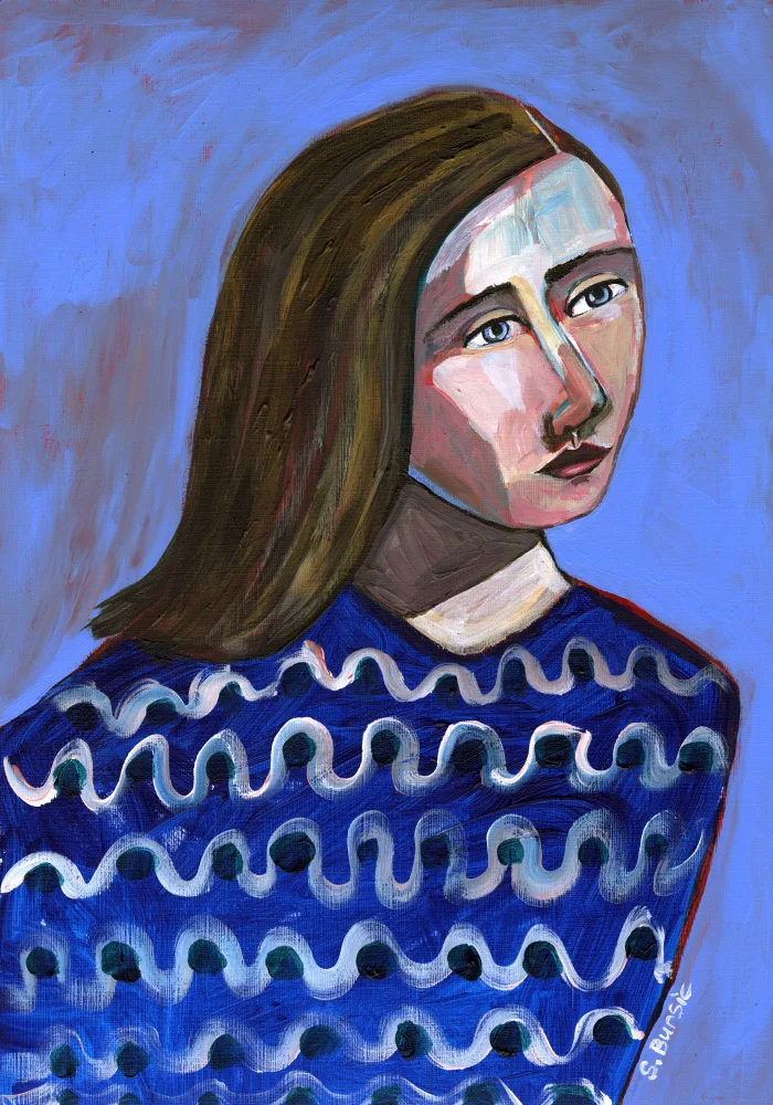 Bursic, Sharyn: Femme au pull bleu Portrait naïf Figuratif
