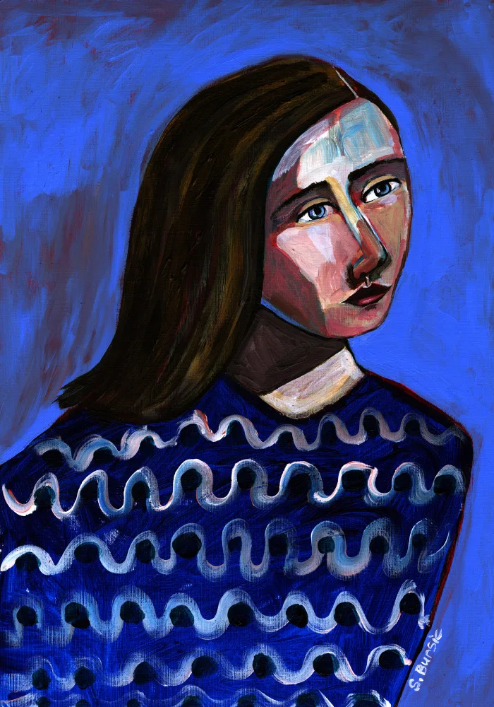 Bursic, Sharyn: Woman in Blue Sweater Naive Portrait Figurative