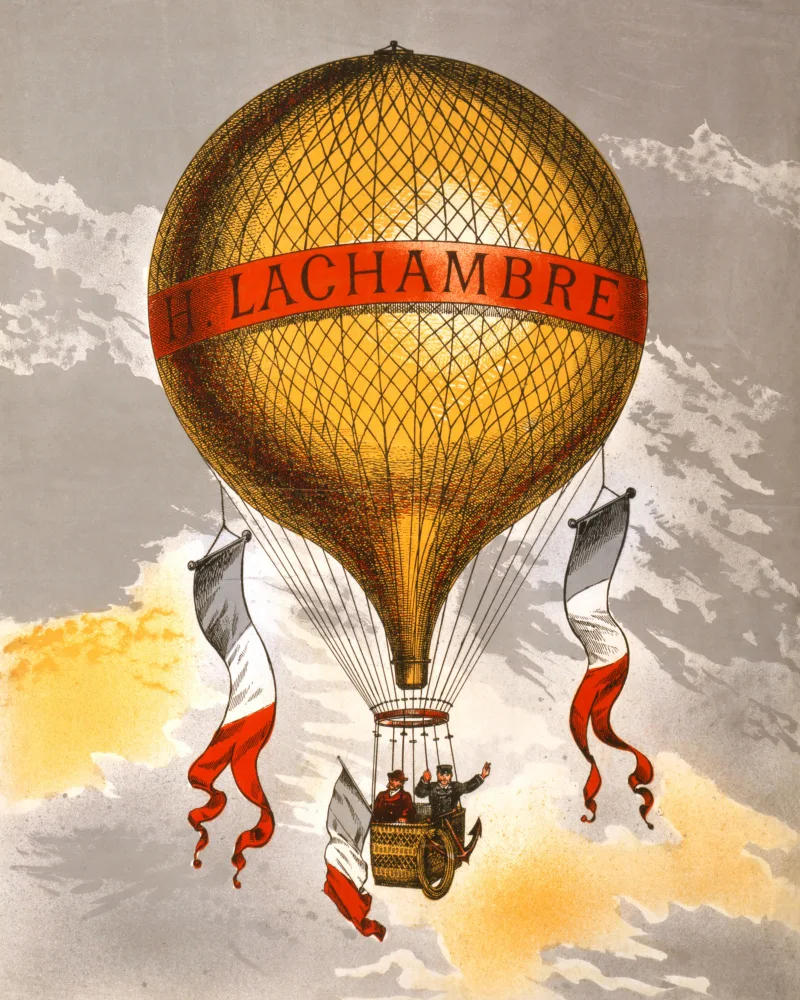 Poster, Travel Vintage: Balloon Labeled With Two Men Riding In the Basket 1880