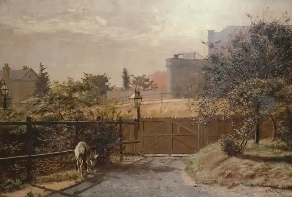 McCubbin, Frederick: Melbourne gaol in sunshine from the Public Library grounds