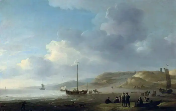 Brooking, Charles: Coast at Scheveningen with fishermen