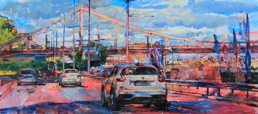 Kutsachenko, Andrii: Kyiv embankment with a pedestrian bridge