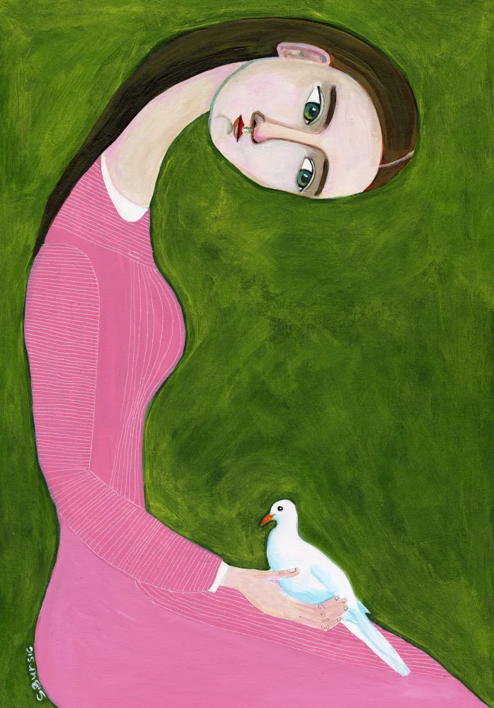 Bursic, Sharyn: Girl with Dove sitting with pink dress