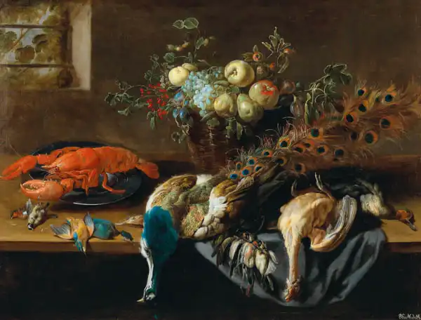 Utrecht, Adriaen van: A peacock, fruit, boiled lobster and a prey of birds