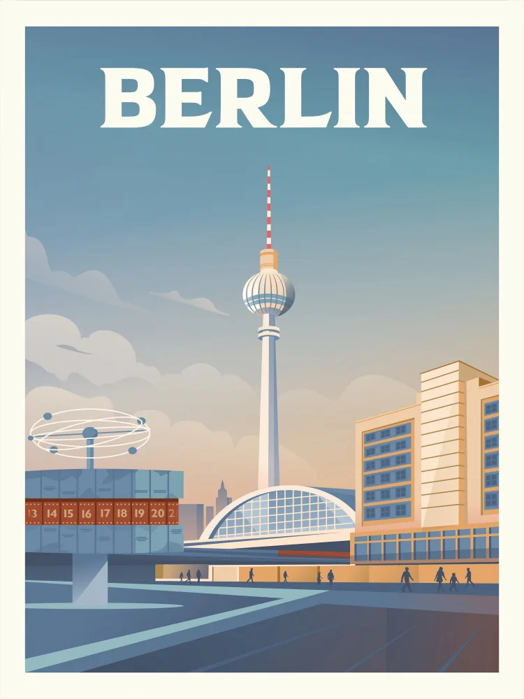 Retrodrome: Stampa di viaggio del paesaggio urbano di Berlino