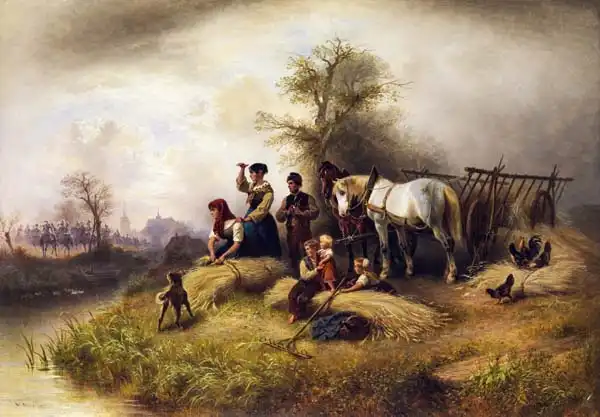Meyerheim, Wilhelm: Peasant family harvesting grain observes a cavalry platoon