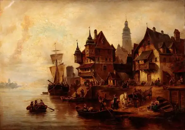 Meyerheim, Wilhelm: Waterfront Village Scene