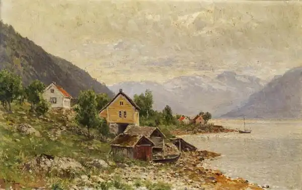 Moras, Walter: Landscape with houses and fishermen huts by a river, mountains covered with snow