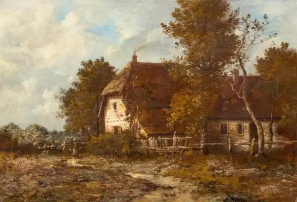 Richet, Leon: Farm building with a peasant woman in a landscape