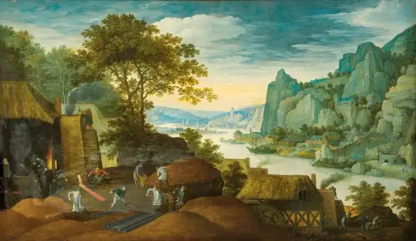 Ryckaert, Marten: Rocky landscape with characters, houses and an iron foundry on the banks of the Scheldt River