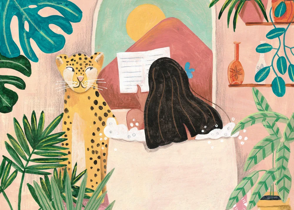 Müller, Bonne Caroline: Woman taking bath in pink tropical bathroom