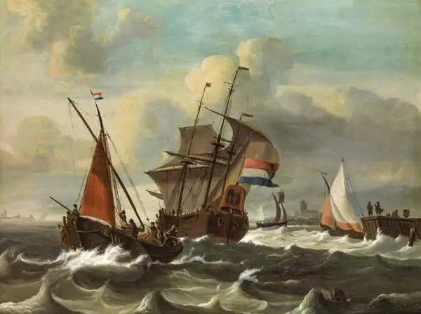 Bakhuizen, Ludolf: Seascape with Dutch flagged three masted ship