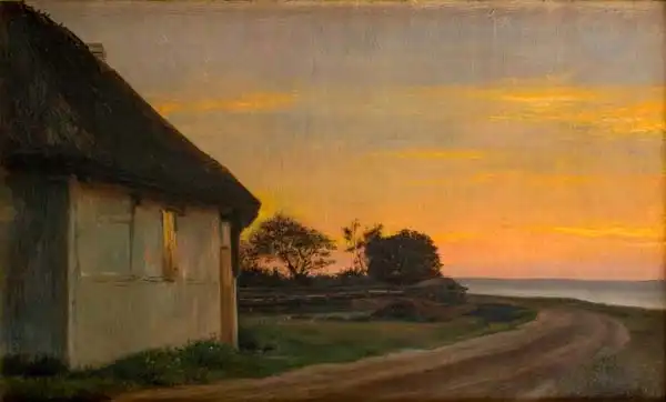 Bloch, Carl: Evening lanscape with a house and garden by the sea. Ellekilde