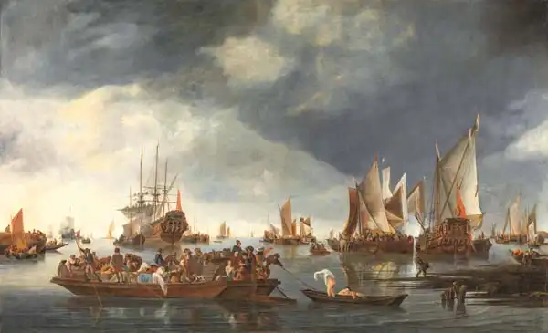 Dubbels, Hendrick: Harbor with sailing ships and ferry