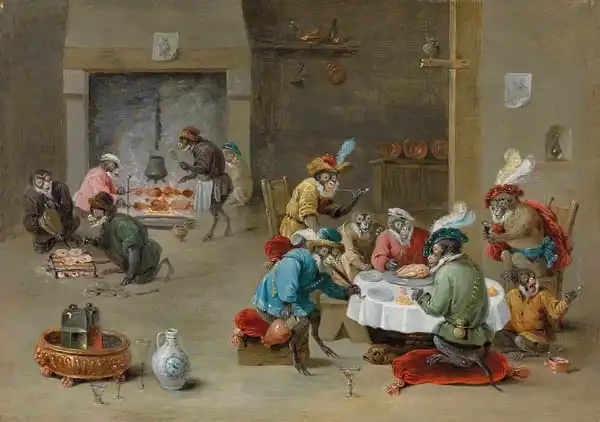 Teniers, Abraham: Monkeys smoking, drinking and preparing a meal in a kitchen