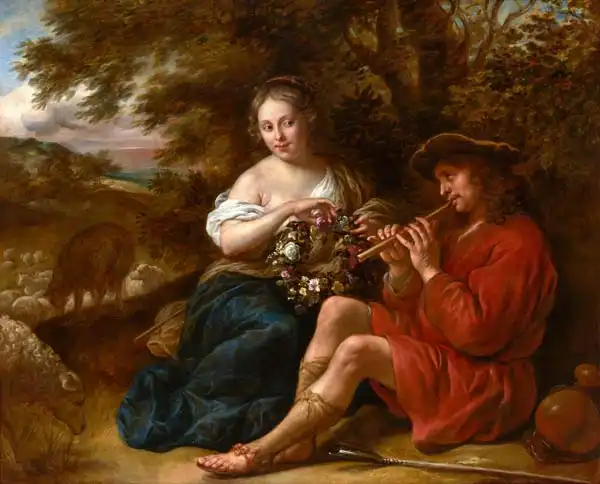 Flinck, Govert: Elegant Shepherdess Listening to a Shepherd Playing the Recorder in an Arcadian Landscape
